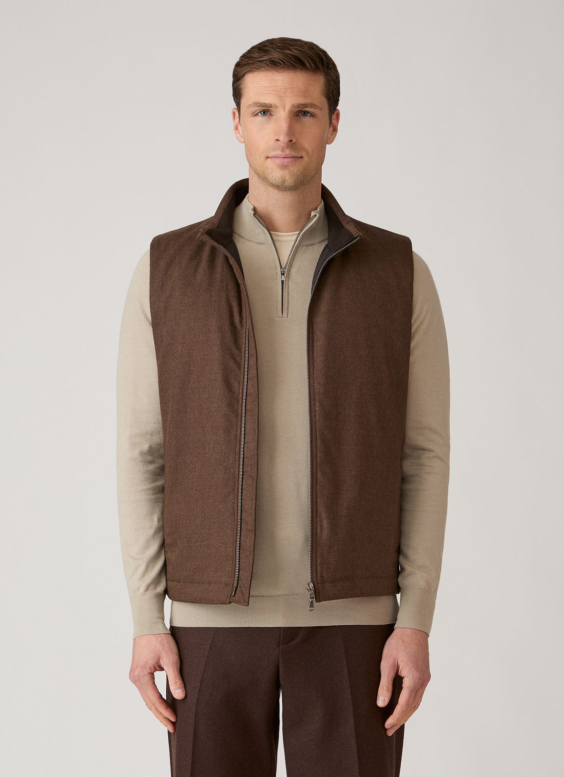 Men's Wool Cashmere Flannel Gilet in Light Brown Melange