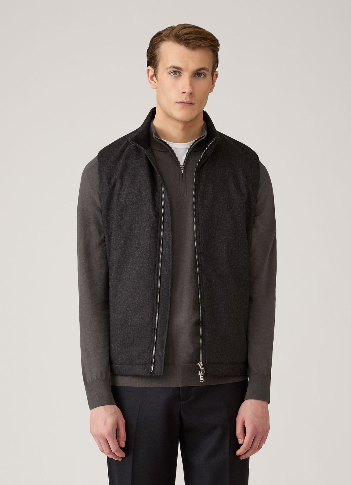 Men's Wool Cashmere Flannel Gilet in Charcoal Melange