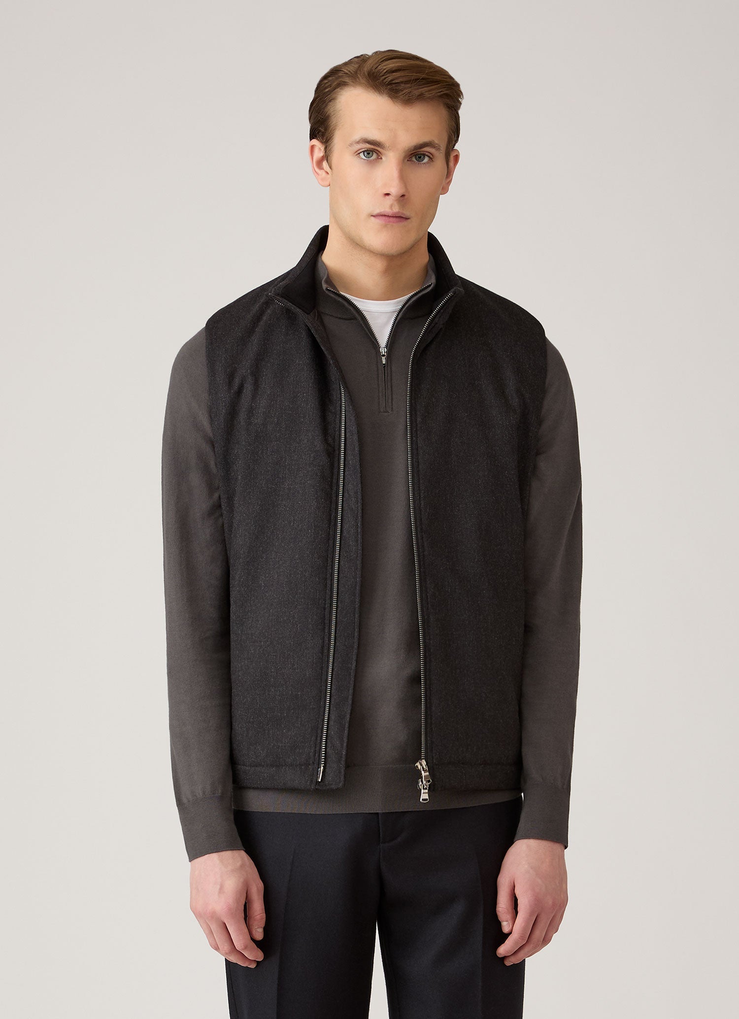 Men's Wool Cashmere Flannel Gilet in Charcoal Melange