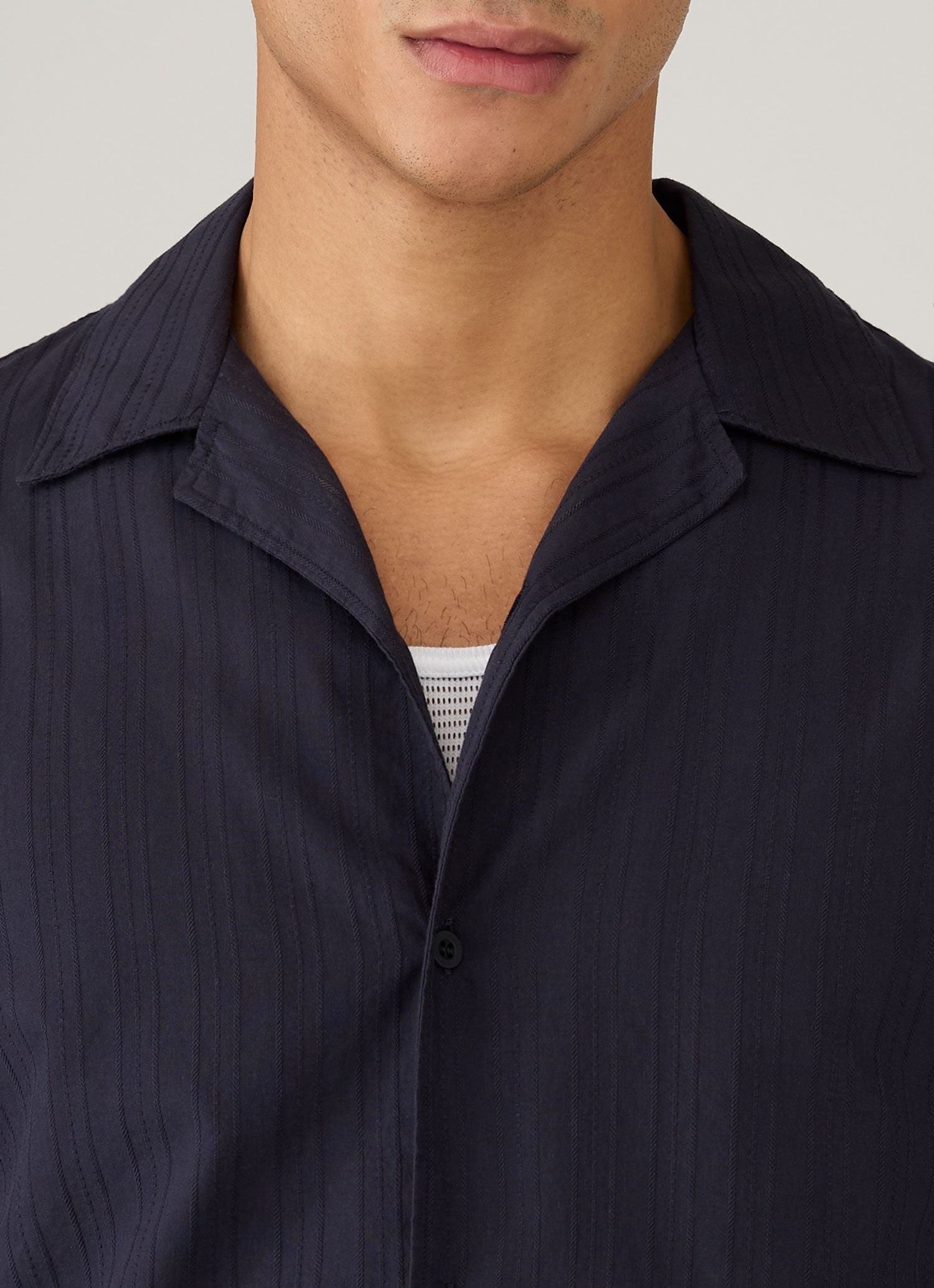 Men's Textured Stripe Camp Collar Shirt in Navy