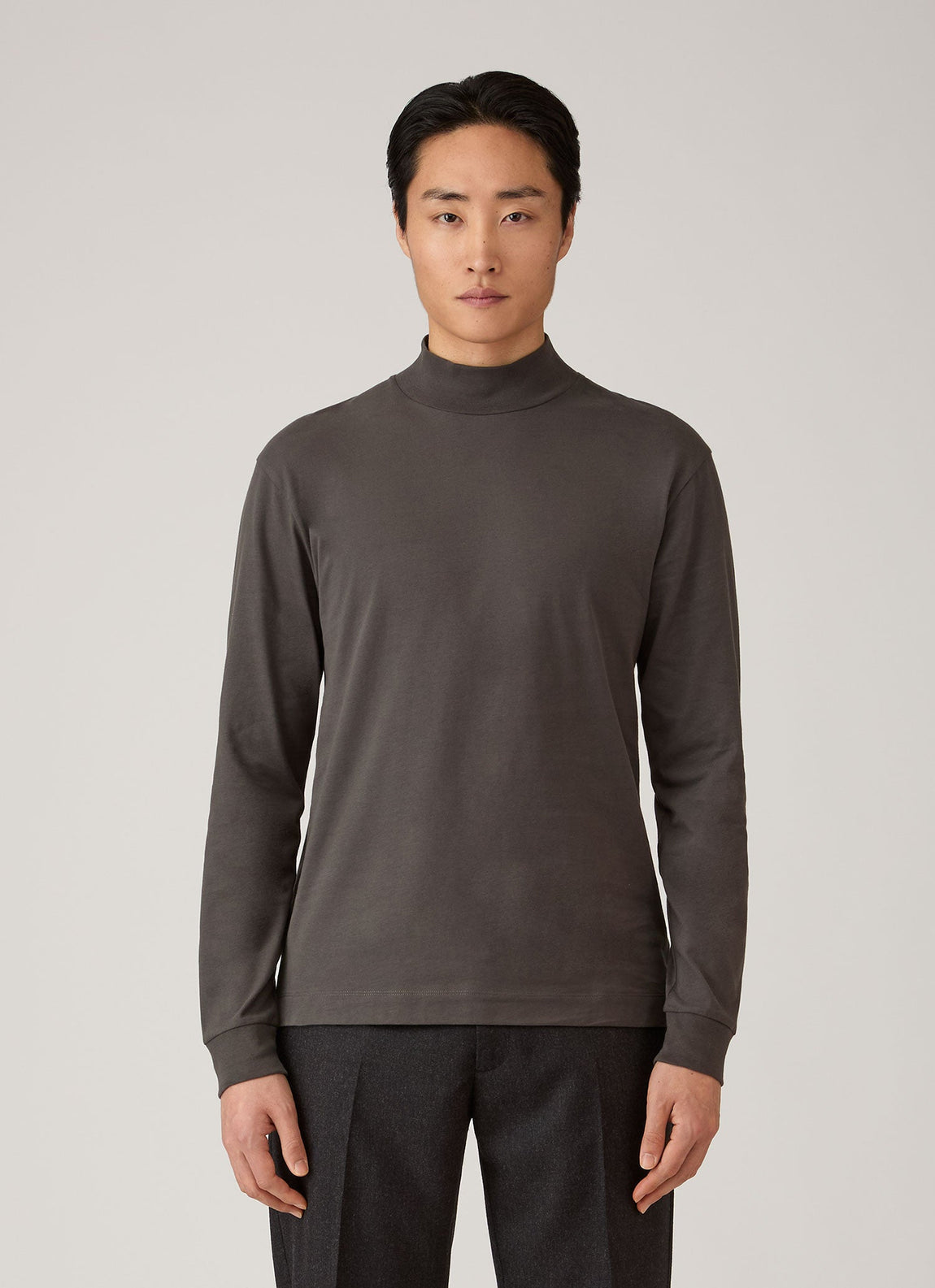 Men's Long Sleeve Brushed Cotton Mock Neck T-shirt in Anthracite